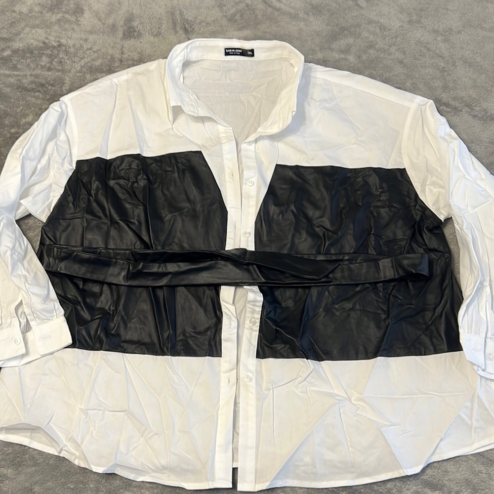 New SHEIN white and black faux leather button up shirt with belt